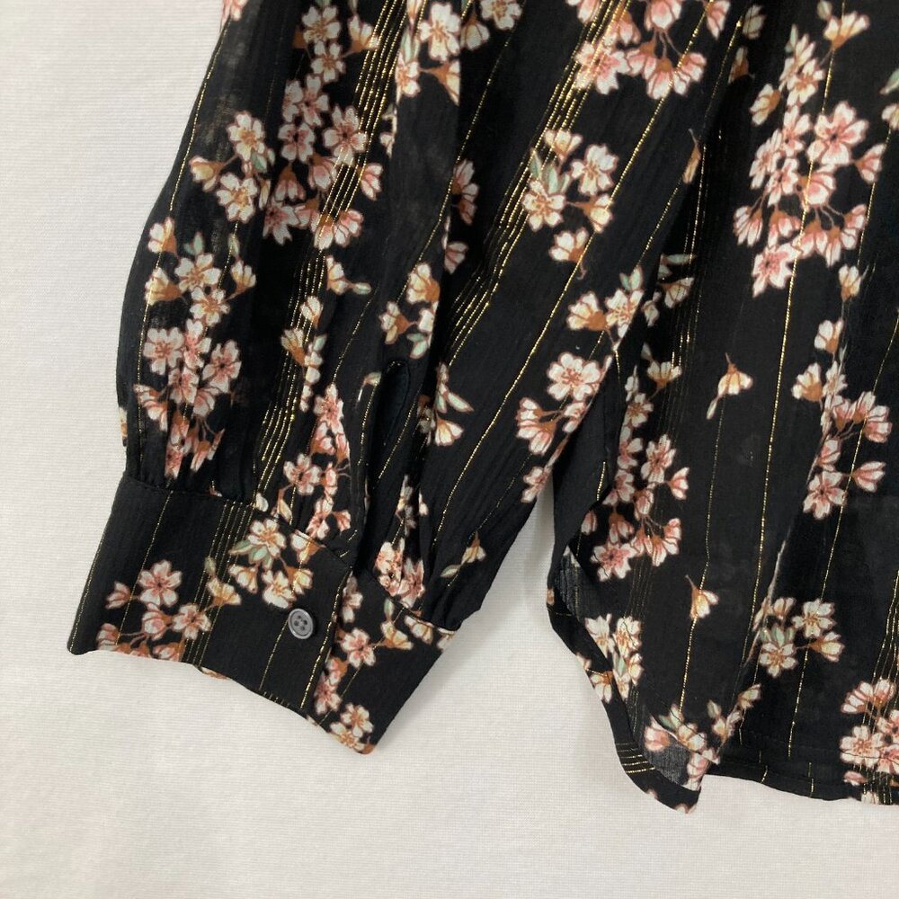New LOFT Large Dark Floral Tie Front Metallic Striped Long Sleeve Elegant Blouse - Picture 9 of 10